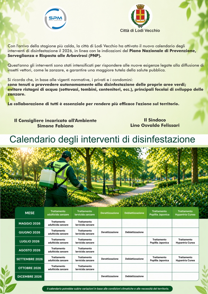 Calendario degli interventi di disinfestazione
